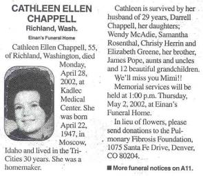 Cathleen Pope Chappell - Funeral Notice