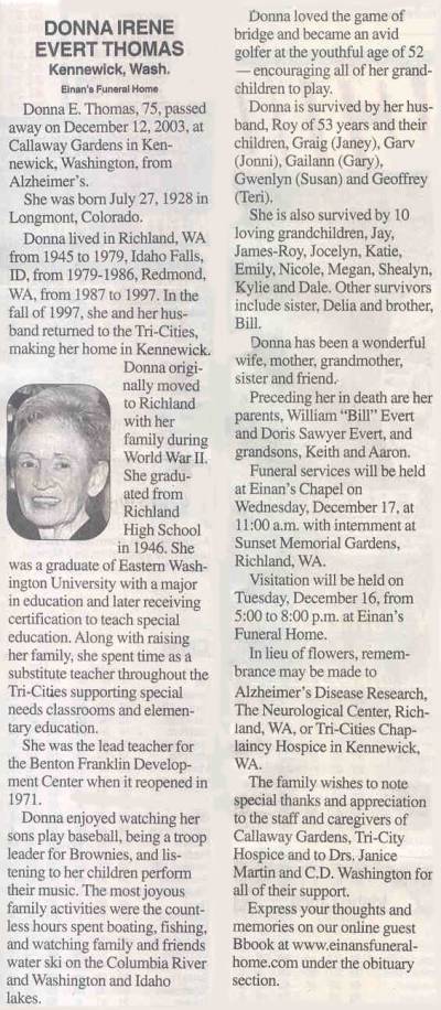 Donna Evert Thomas - Funeral Notice