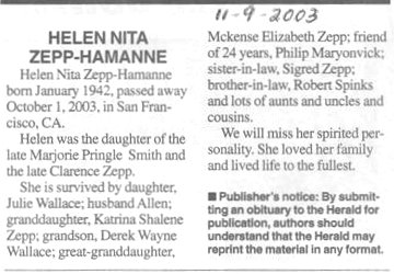 Helen Zepp Hamanne - Funeral Notice