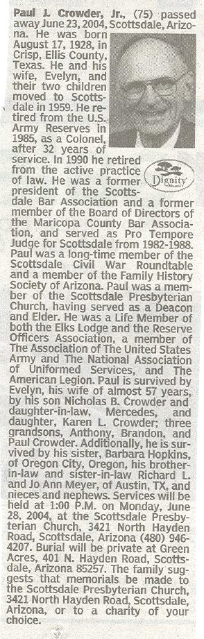 Paul J. Crowder, Jr. - Funeral Notice
