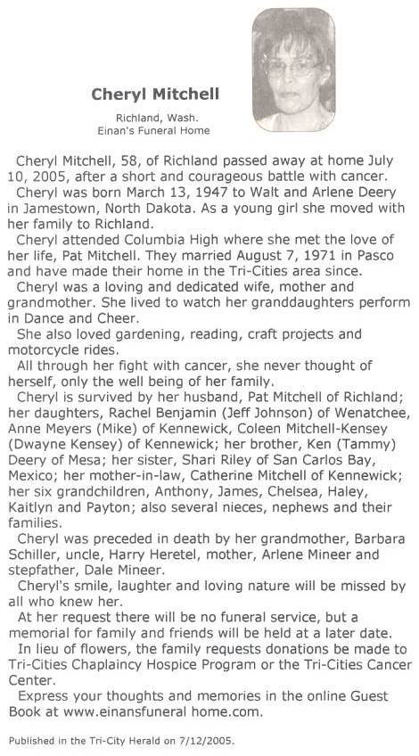 Cheryl Deery Mitchell - Funeral Notice