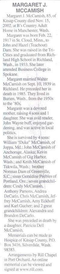 Margaret Dam McCamish - Funeral Notice