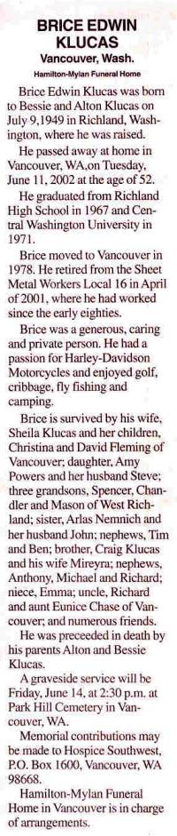 Brice Edwin Klucas - Funeral Notice